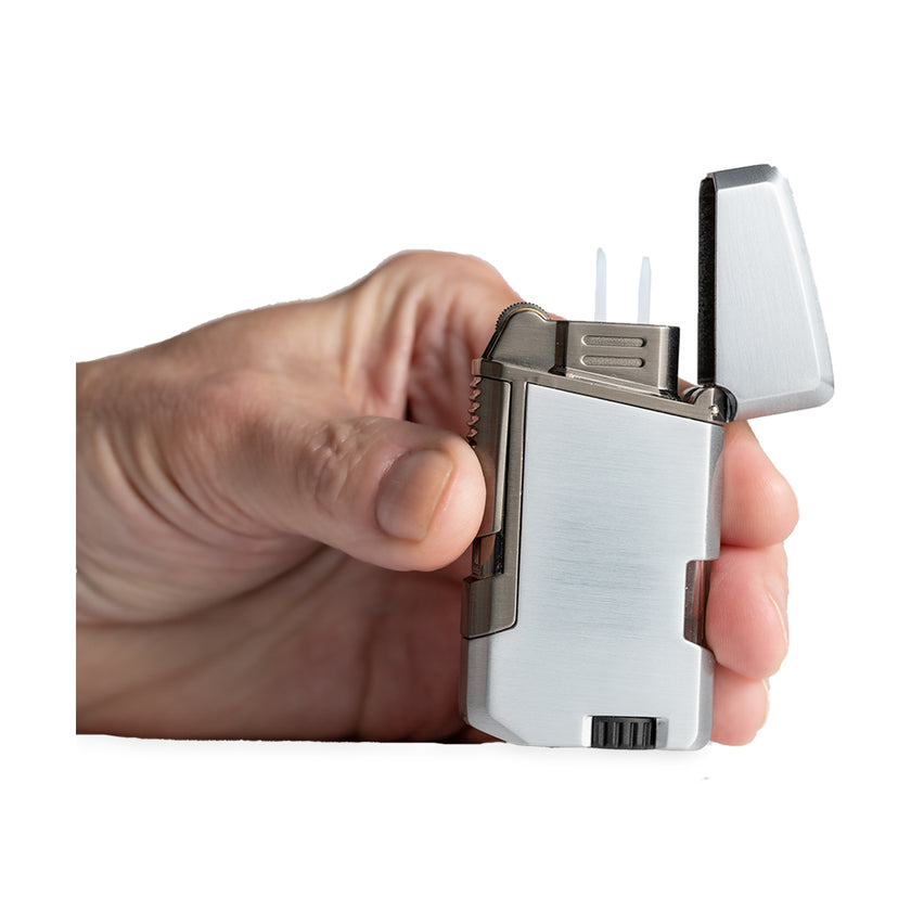 Dynavap Duality Torch Lighter Chrome in Hand Dual Flame