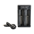 Hohm Tech School 2 Channel Battery Charger Front View With USB Cable In The Box Contents